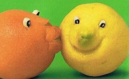 Image of an orange kissing a lemon. Flat green background. They both have silly eyes and the lemon is smiling. It appears to be a photo, considering the two of them being real life fruit modified for this delightful scene.