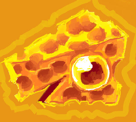 Digital painting of a cheese with one visible eye. It's toothlessly smiling. It is placed over a yellow-orange background. The cheese itself is brightly colored with yellows and oranges; it's very goofy looking. It is covered with large holes.