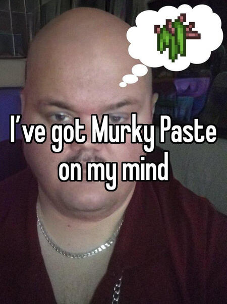 Image of a presumably bald middle aged white man captioned "I've got Murky Paste on my mind," end text. He has a thought bubble with a pixel sprite of a stick covered in green slop, the sprite itself possibly from Stardew Valley.