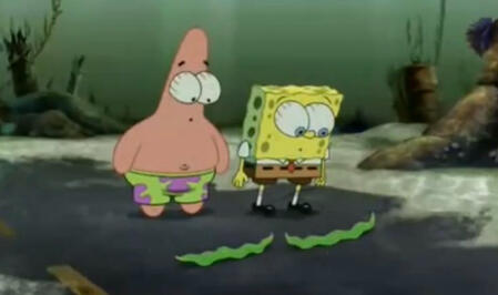 Image of SpongeBob and Patrick from the show SpongeBob staring intensely at kelp or seaweed on the ground with big huge round eyes, displaying shock or perhaps fear.